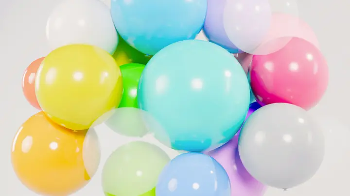 Luftballons in hellen Pastellfarben, dicht an dicht