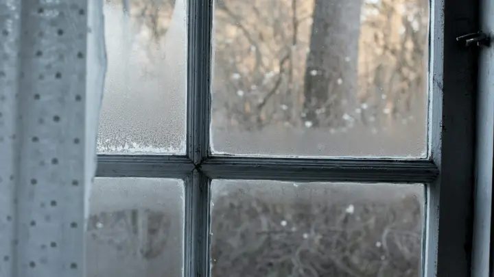 Beschlagene Scheiben eines alten Sprossenfensters mit hellem Vorhang an einem kühlen Tag
