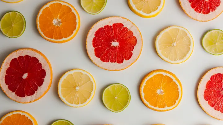 Scheiben von Grapefruit, Orange, Zitrone und Limette auf weißem Untergrund